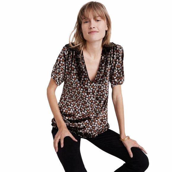 Madewell Velvet Tulip Sleeve Burnout Ruffle Top - Picture 1 of 11